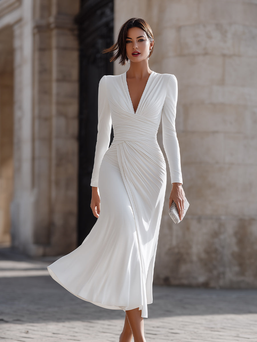 Whitemore & Daughters - Midi Dress: V-Neck Ruched Dress with Long Sleeves