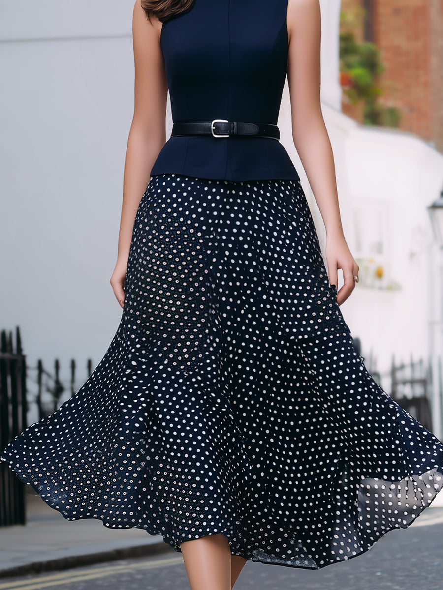 Whitemore & Daughters - Midi Dress: Mandarin-Collar Dress with Belted Waist in Polka Dot Print