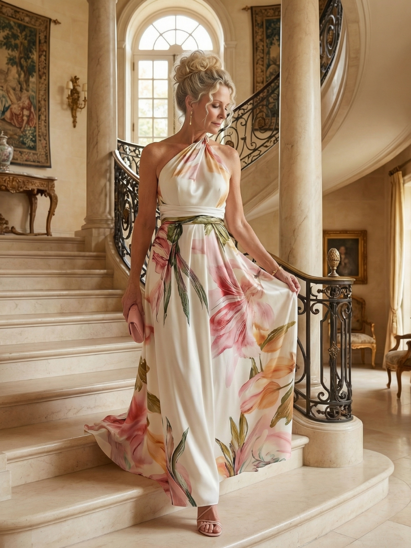 Whitemore & Daughters - Amiel Maxi Dress: One-Shoulder Dress with Sash Belt in Floral Print