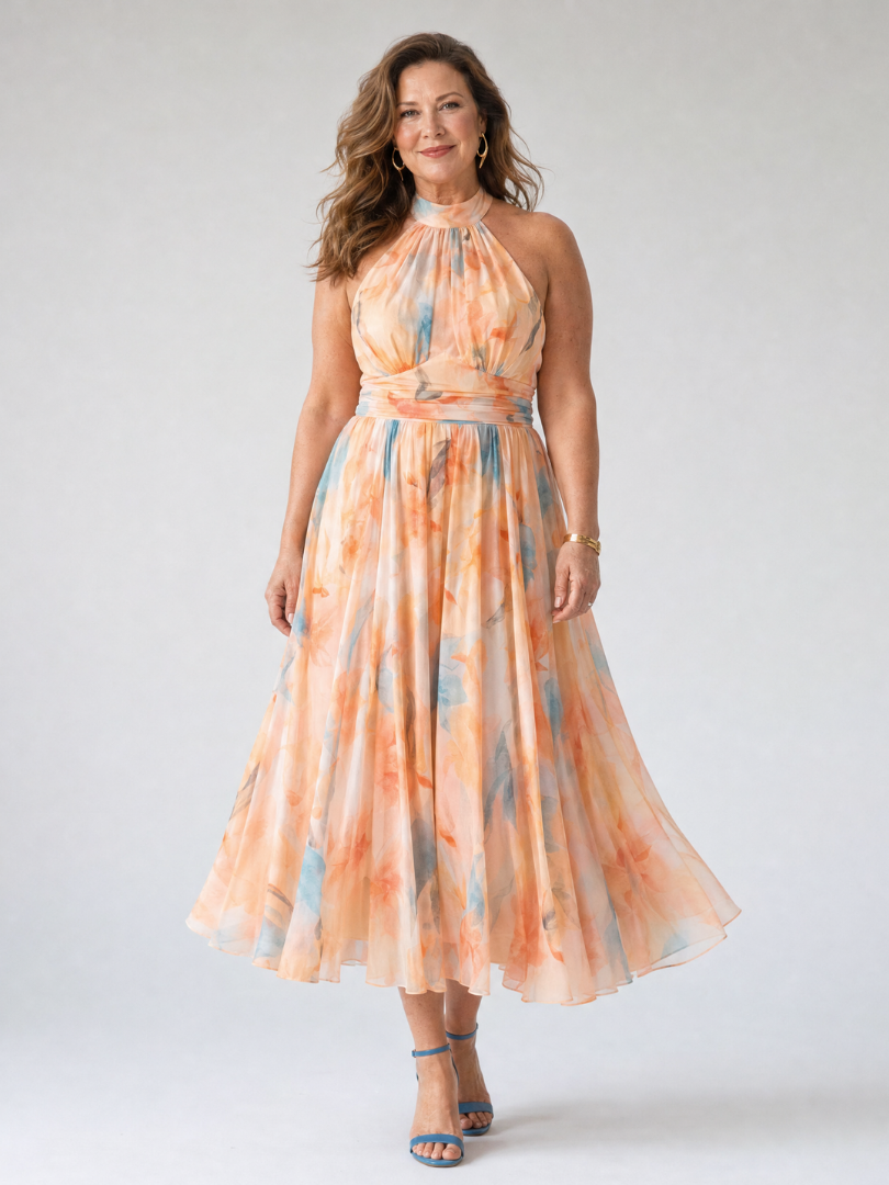 Whitemore & Daughters - Elin Midi Dress: Halter-Neck Dress with Belted Waist in Watercolor Print