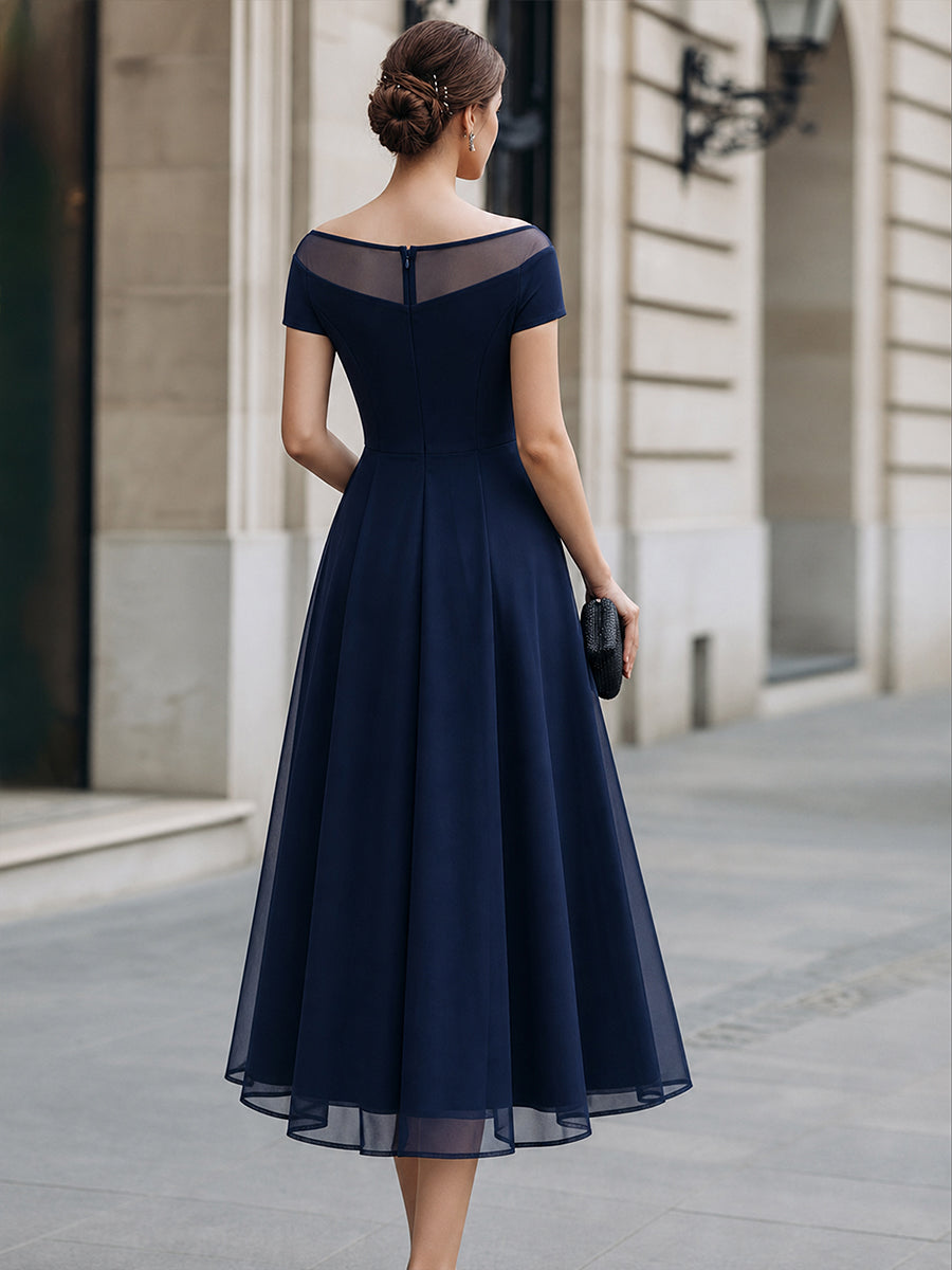 Whitemore & Daughters - Midi Dress: Off-Shoulder A-Line Dress with Sheer Mesh Neckline