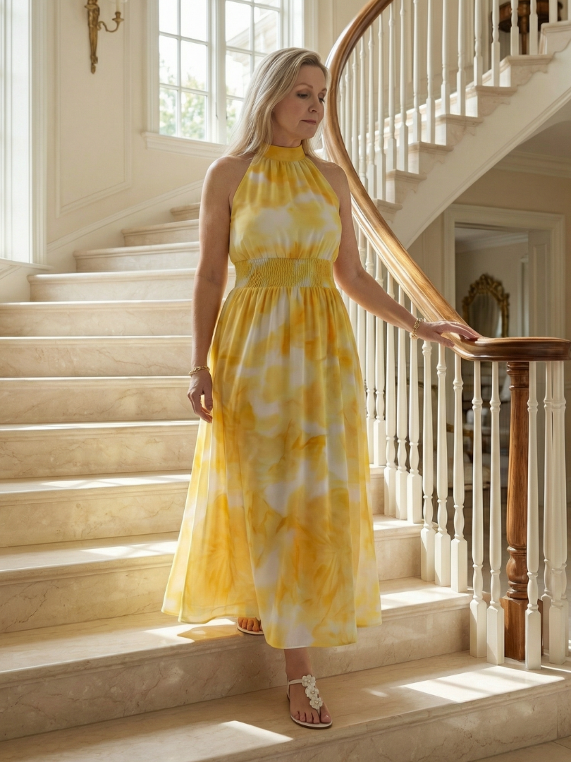 Whitemore & Daughters - Sylin Maxi Dress: Halter-Neck Dress with Gathered Waist in Watercolor Print