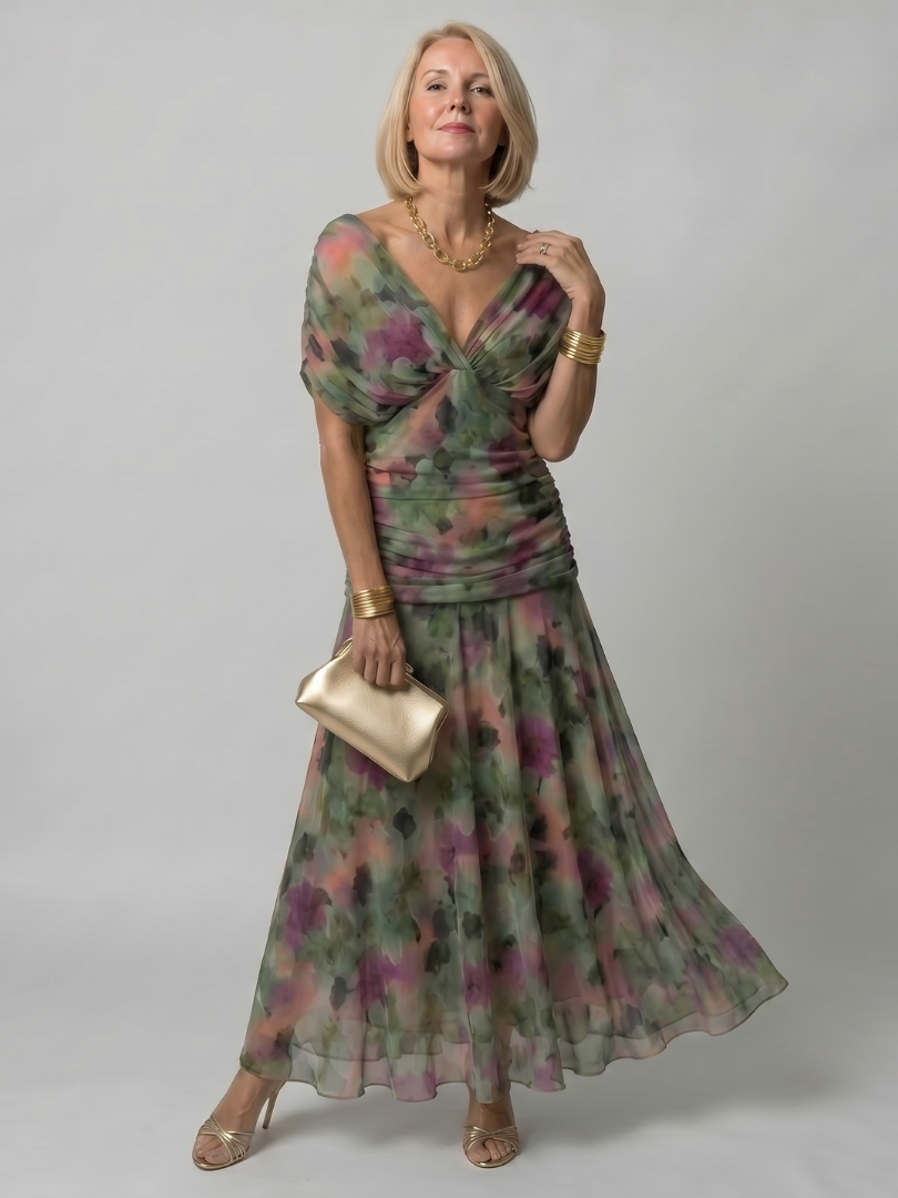 Whitemore & Daughters - Calen Maxi Dress: Off-Shoulder V-Neck Dress with Flutter Sleeves in Floral Print