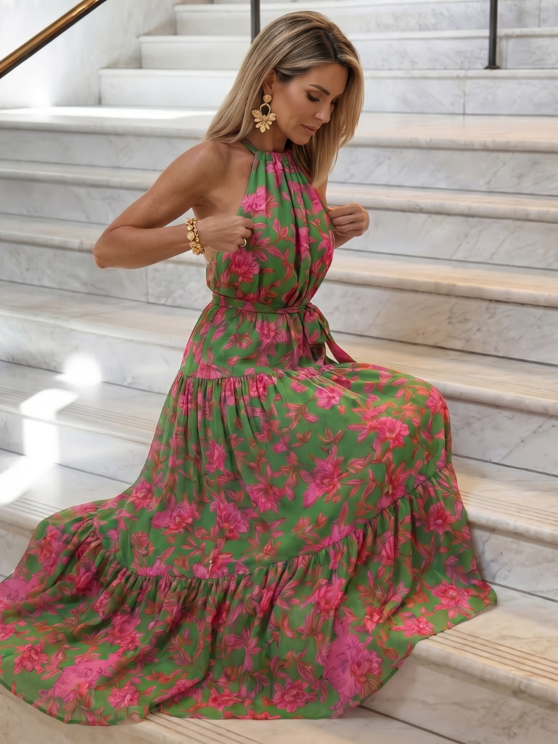 Whitemore & Daughters - Rowen Maxi Dress: Halter-Neck Belted Dress with Tiered Skirt in Floral Print