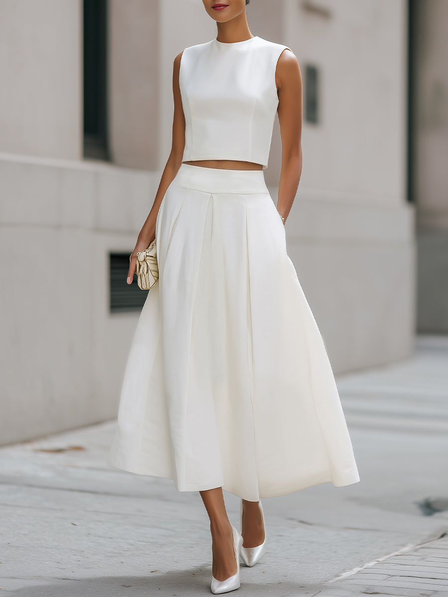 White Sleeveless Cropped Top & Pleated Midi Skirt Co-ord – Whitemore & Daughters