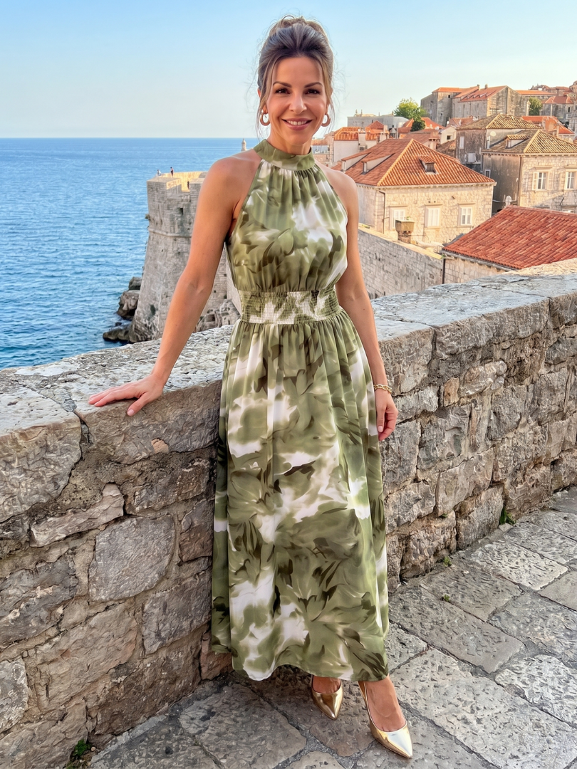 Whitemore & Daughters - Olivia Maxi Dress: Halter-Neck Gathered Dress in Abstract Print