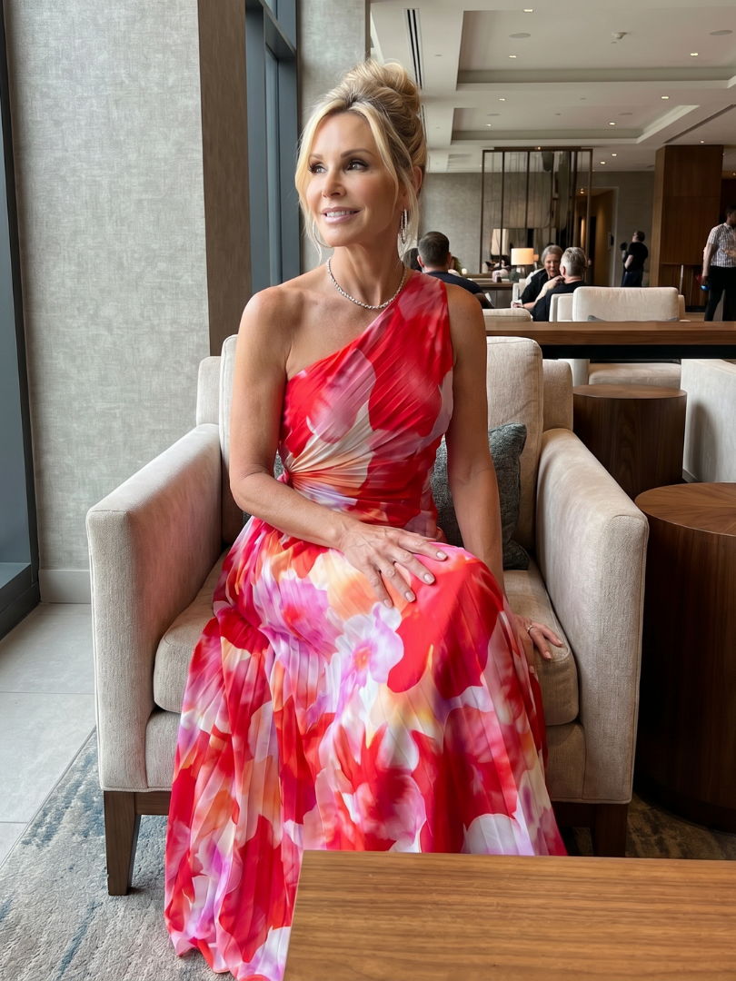 Whitemore & Daughters - Taya Maxi Dress: One-Shoulder Pleated Dress with Draped Waist in Floral Print