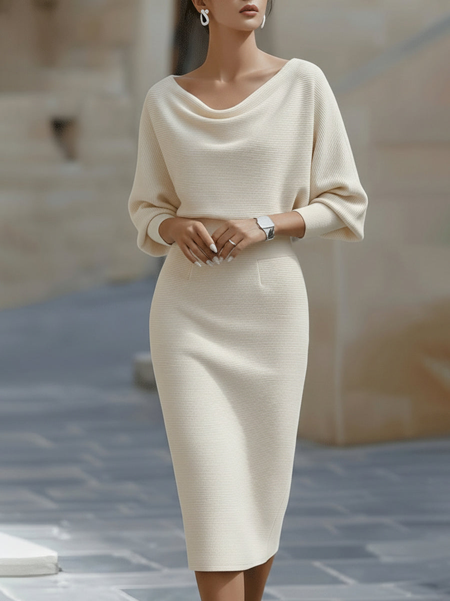 Whitemore & Daughters - Midi Dress: Draped Boat-Neck Dress with Batwing Sleeves