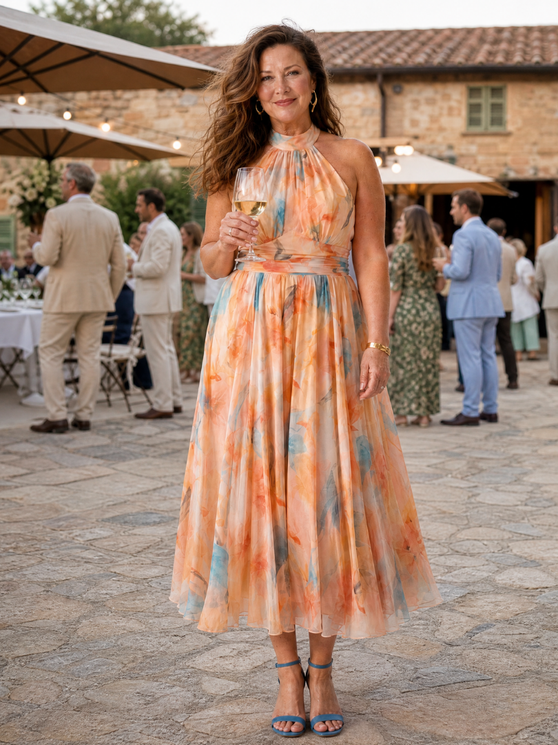 Whitemore & Daughters - Elin Midi Dress: Halter-Neck Dress with Belted Waist in Watercolor Print