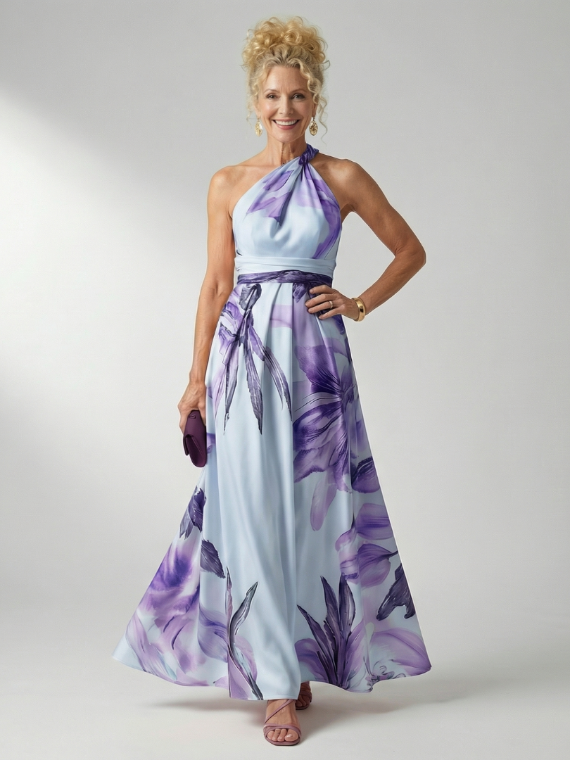 Whitemore & Daughters - Amiel Maxi Dress: One-Shoulder Dress with Sash Belt in Floral Print