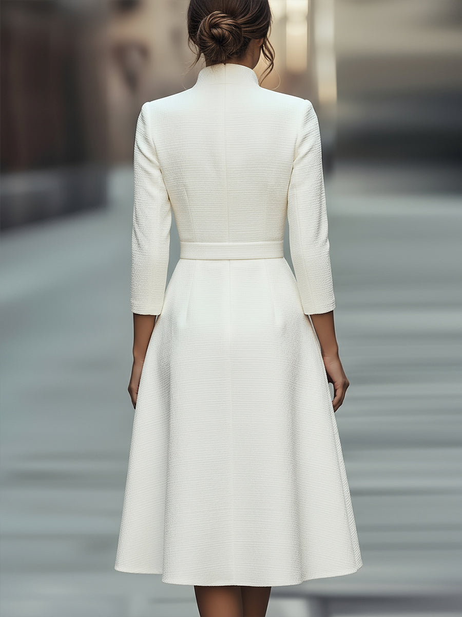 Whitemore & Daughters - Midi Dress: V-Neck Belted Dress with Long Sleeves