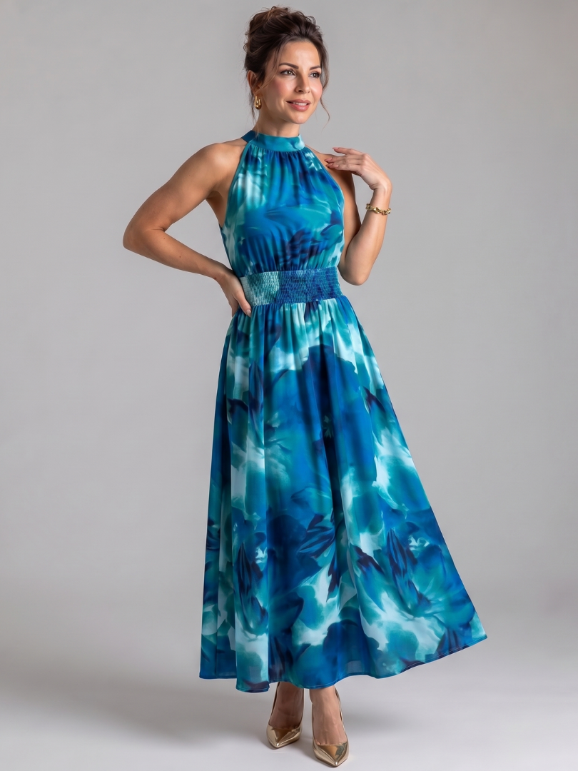 Whitemore & Daughters - Olivia Maxi Dress: Halter-Neck Gathered Dress in Abstract Print