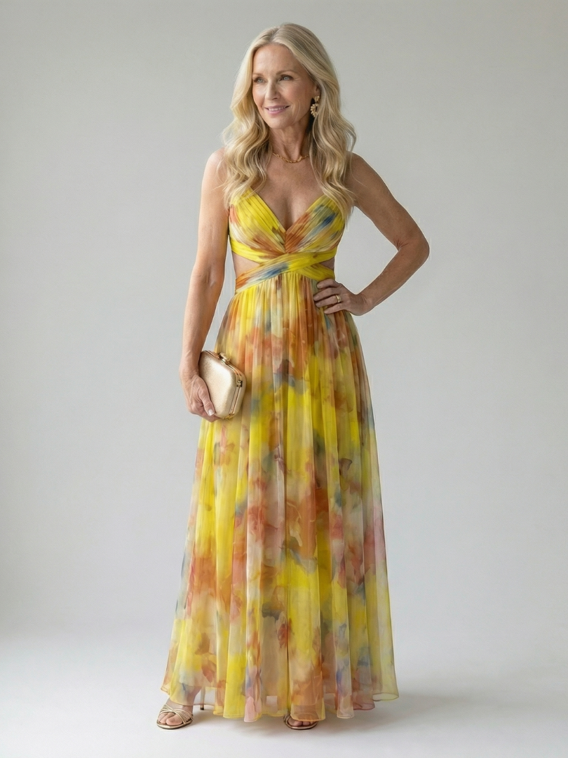 Whitemore & Daughters - Isel Maxi Dress: V-Neck Dress with Criss-Cross Waist Detail in Watercolor Print