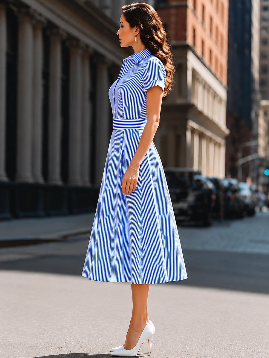 Whitemore & Daughters - Midi Dress: A-Line Collared Dress with Belted Waist in Striped Print