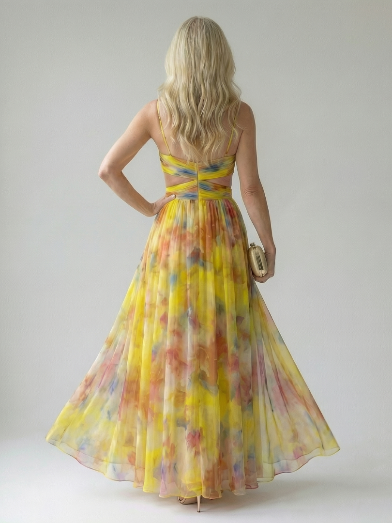 Whitemore & Daughters - Isel Maxi Dress: V-Neck Dress with Criss-Cross Waist Detail in Watercolor Print