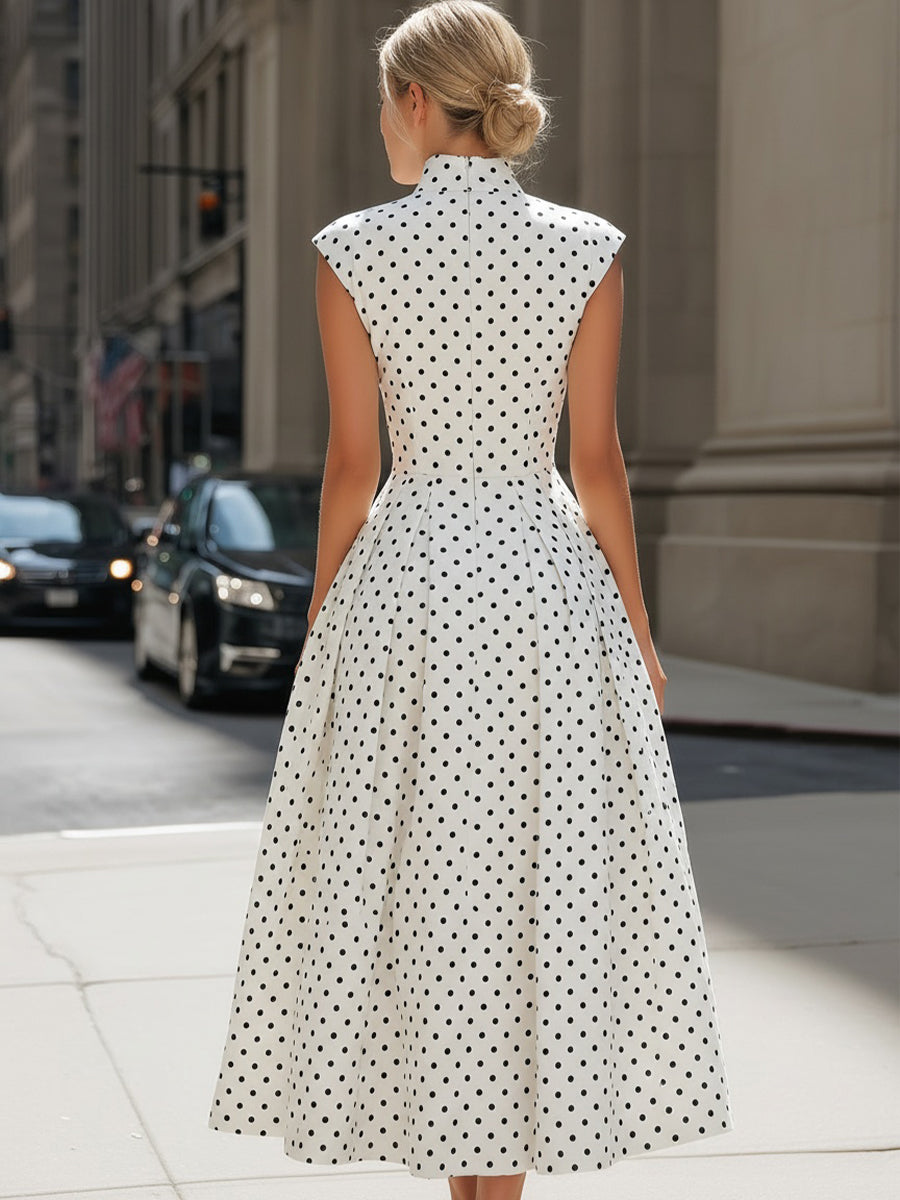 Whitemore & Daughters - Maxi Dress: Mock-Neck A-Line Dress with Cap Sleeves in Polka Dot Print