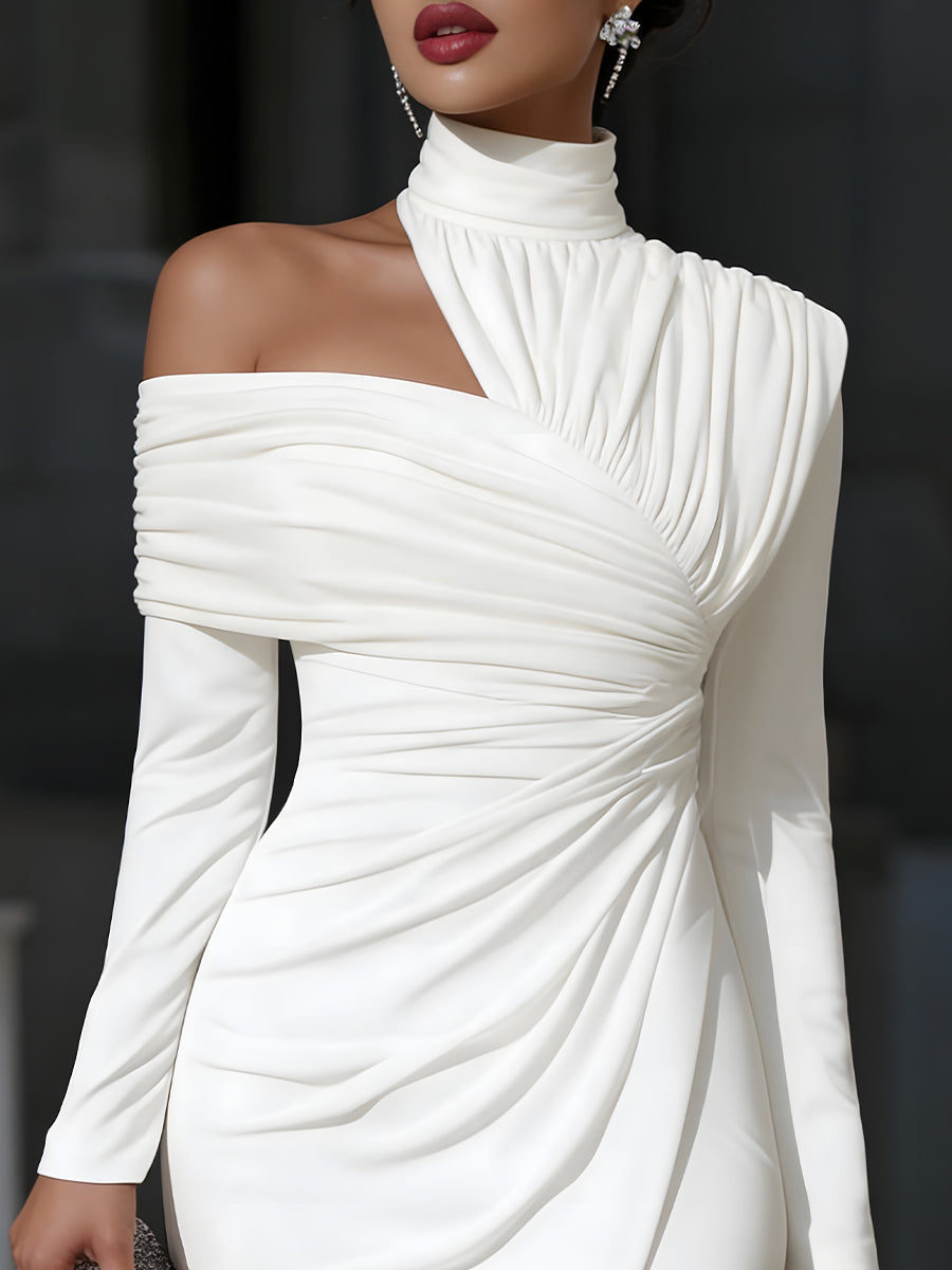 Whitemore & Daughters - Midi Dress: One-Shoulder High-Neck Dress with Front Slit