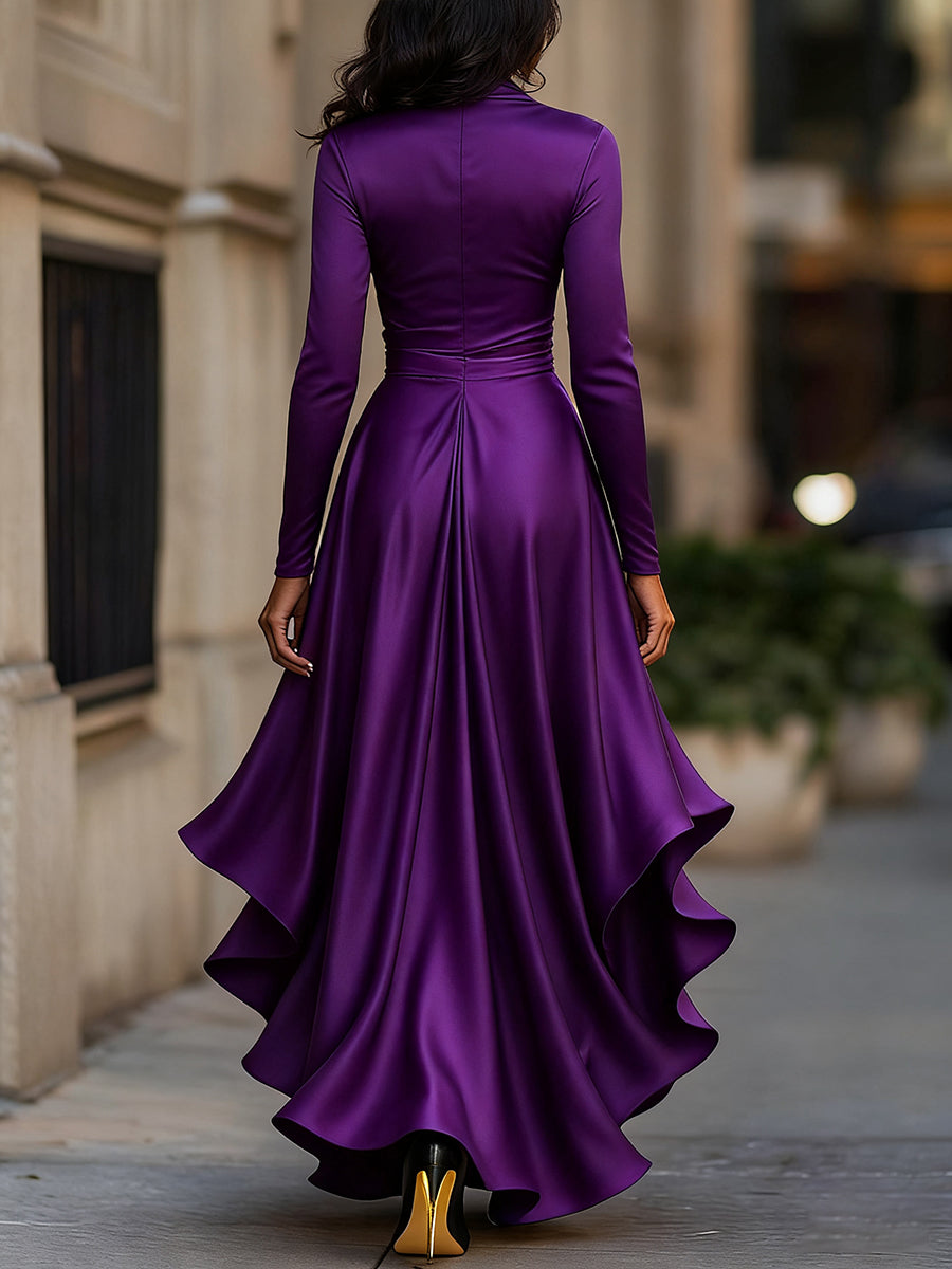 Whitemore & Daughters - Midi Dress: Wrap V-Neck Satin Dress with Ruffle High-Low Hem