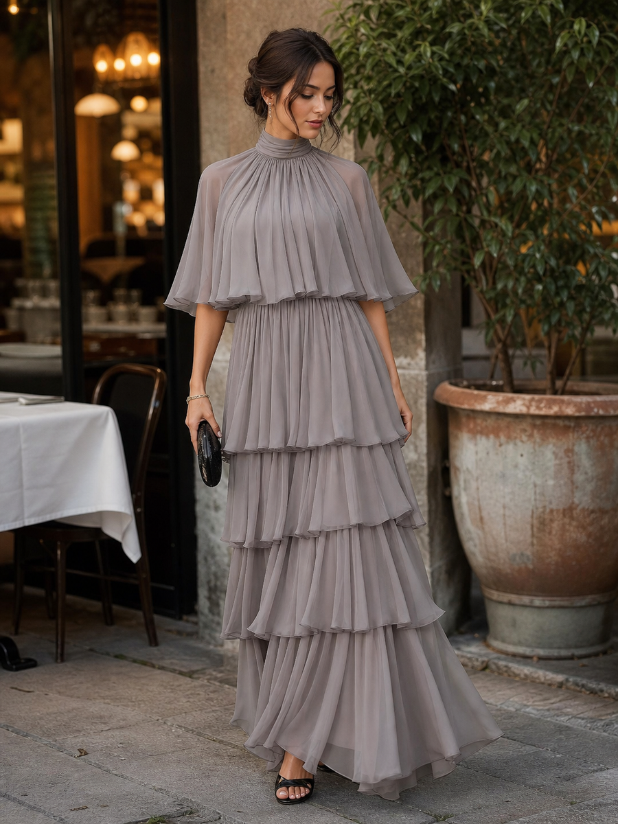 Whitemore & Daughters - Maxi Dress: High-Neck Dress with Cape Sleeves and Tiered Ruffle Skirt
