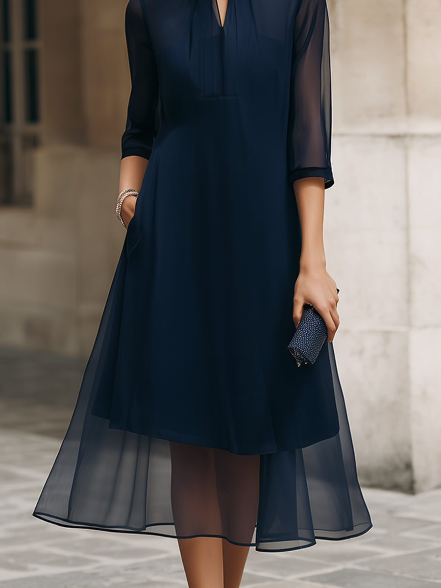Whitemore & Daughters - Midi Dress: Mandarin-Collar Dress with Sheer Overlay