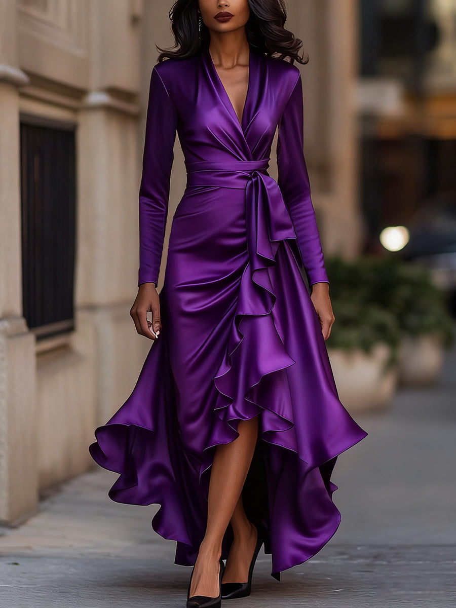 Whitemore & Daughters - Midi Dress: Wrap V-Neck Satin Dress with Ruffle High-Low Hem