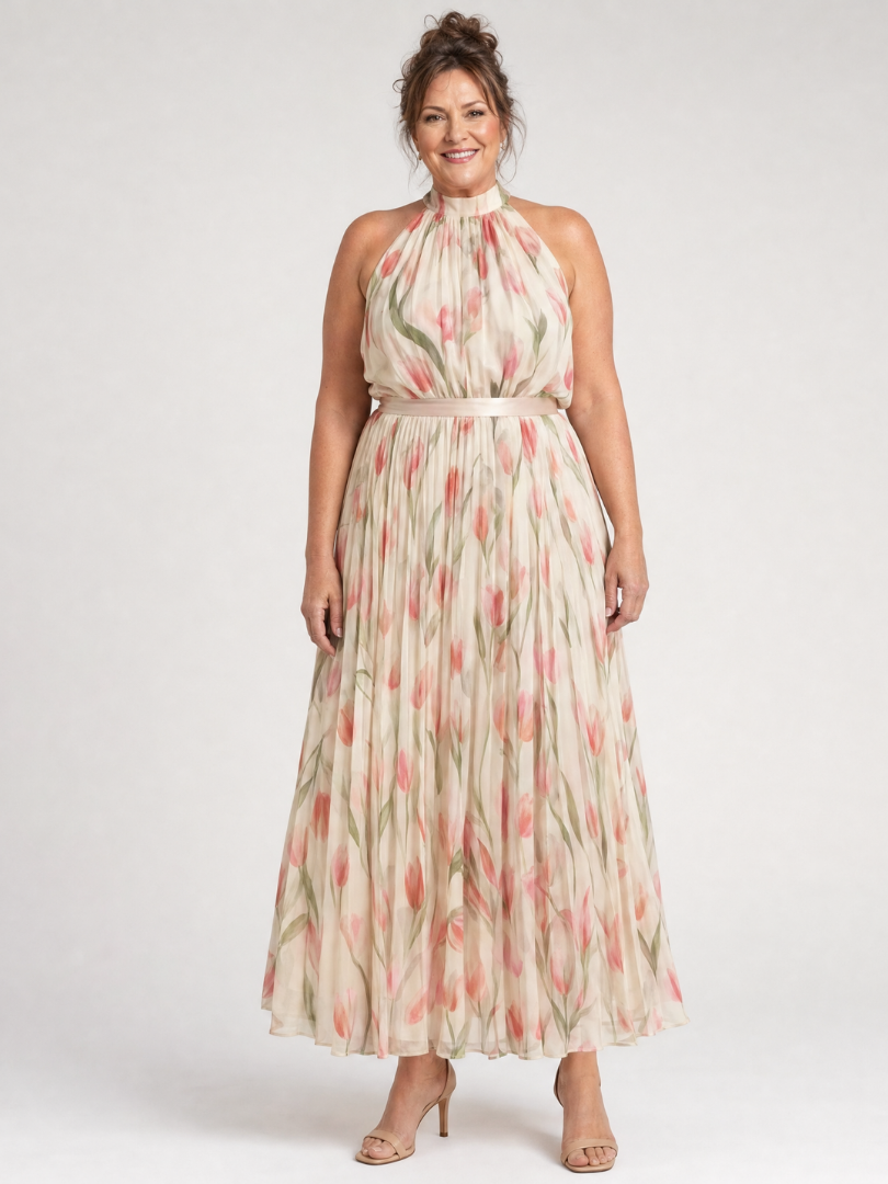Whitemore & Daughters - Aurelle Midi Dress: Halter-Neck Dress with Belted Waist in Floral Print