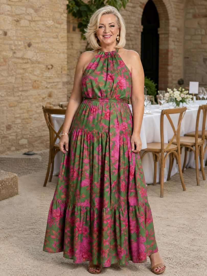 Whitemore & Daughters - Rowen Maxi Dress: Halter-Neck Belted Dress with Tiered Skirt in Floral Print
