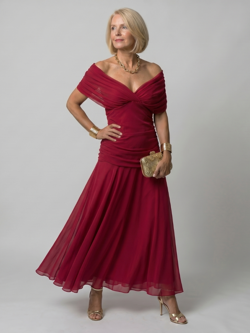Whitemore & Daughters - Calen Maxi Dress: Off-Shoulder V-Neck Dress with Flutter Sleeves in Floral Print