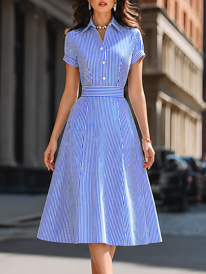 Whitemore & Daughters - Midi Dress: A-Line Collared Dress with Belted Waist in Striped Print