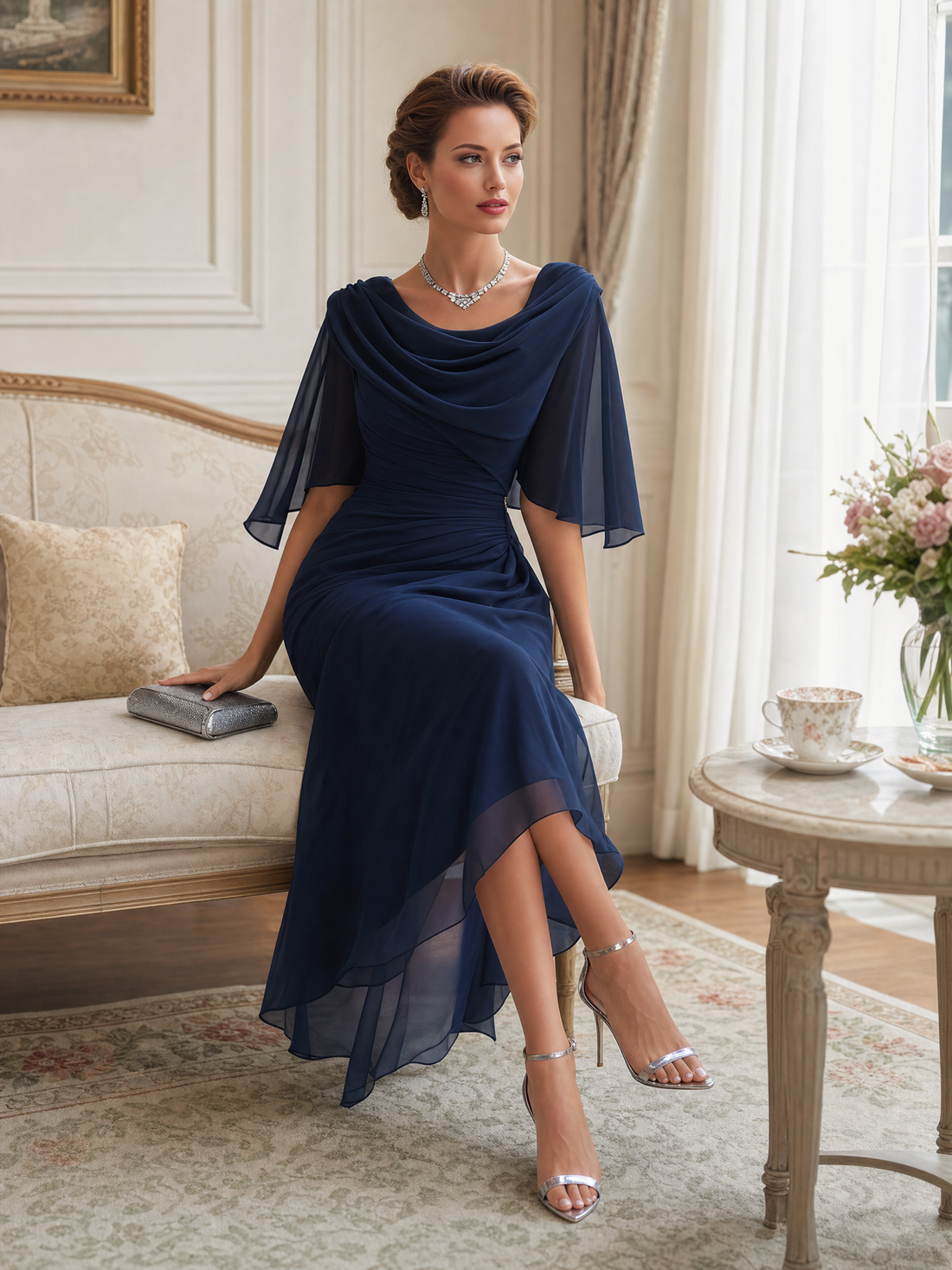 Whitemore & Daughters - Midi Dress: Draped Cowl-Neck Chiffon Dress with Cape-Overlay Sleeves