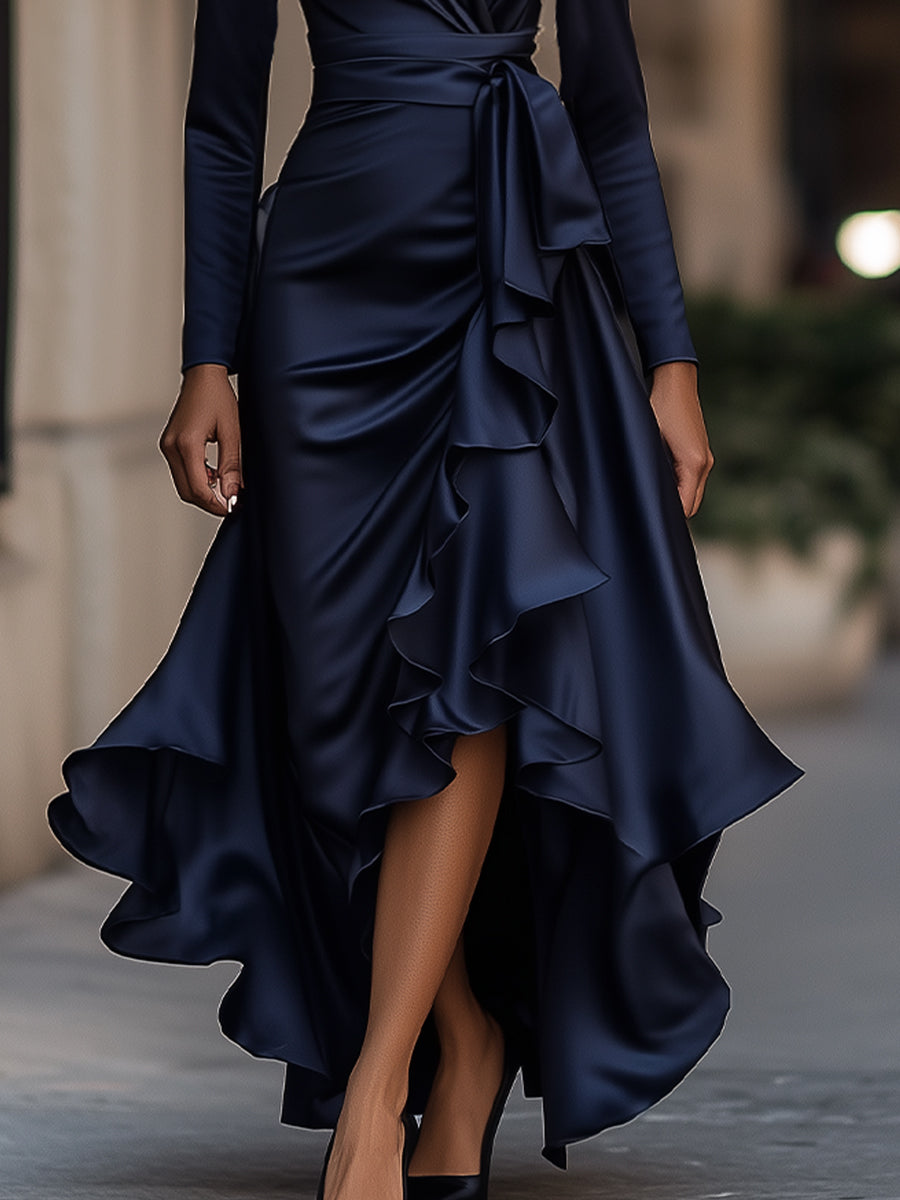 Whitemore & Daughters - Midi Dress: Wrap V-Neck Satin Dress with Ruffle High-Low Hem