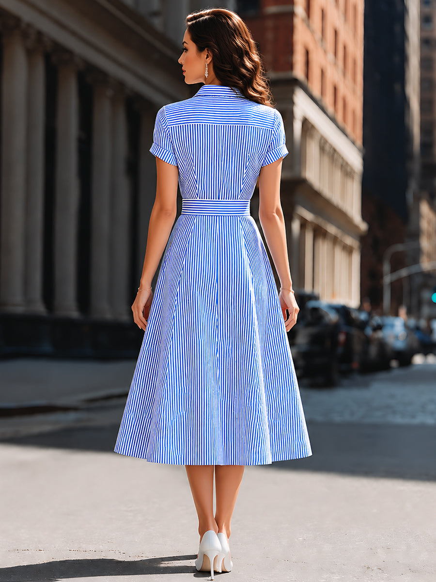 Whitemore & Daughters - Midi Dress: A-Line Collared Dress with Belted Waist in Striped Print