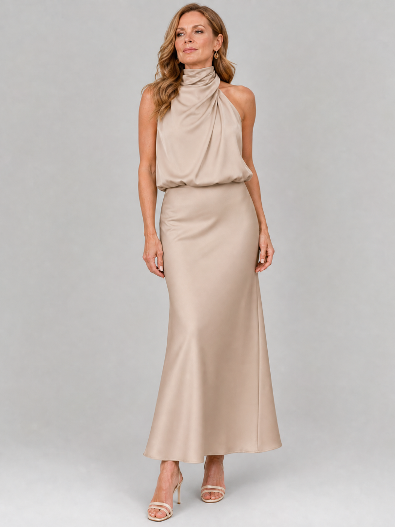 Whitemore & Daughters - Nopal Maxi Dress: Halter-Neck Draped Dress with Blouson Bodice