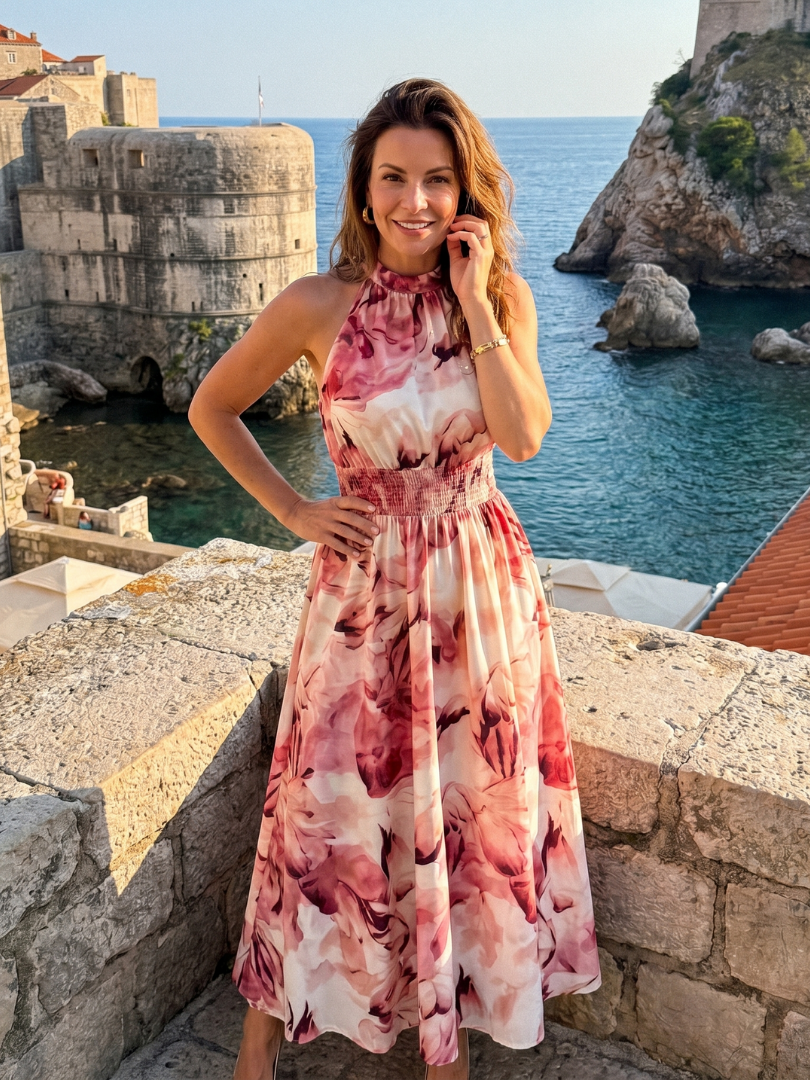 Whitemore & Daughters - Olivia Maxi Dress: Halter-Neck Gathered Dress in Abstract Print