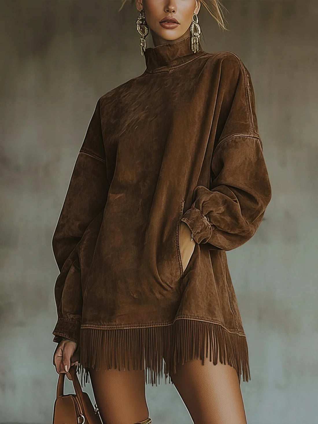 Whitemore & Daughters - Natalia Mini Dress: Turtleneck Suede Dress with Fringe Hem
