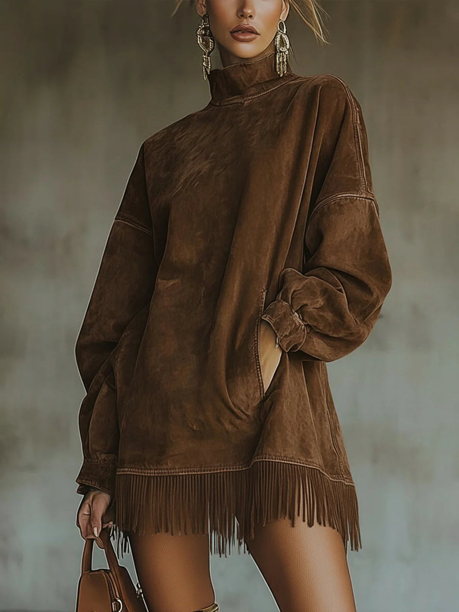 Whitemore & Daughters - Natalia Mini Dress: Turtleneck Suede Dress with Fringe Hem