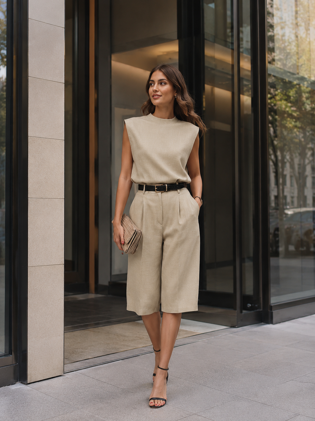 Khaki Minimalist Structured Sleeveless Top and Tailored Bermuda Shorts Set Co-ord – Whitemore & Daughters