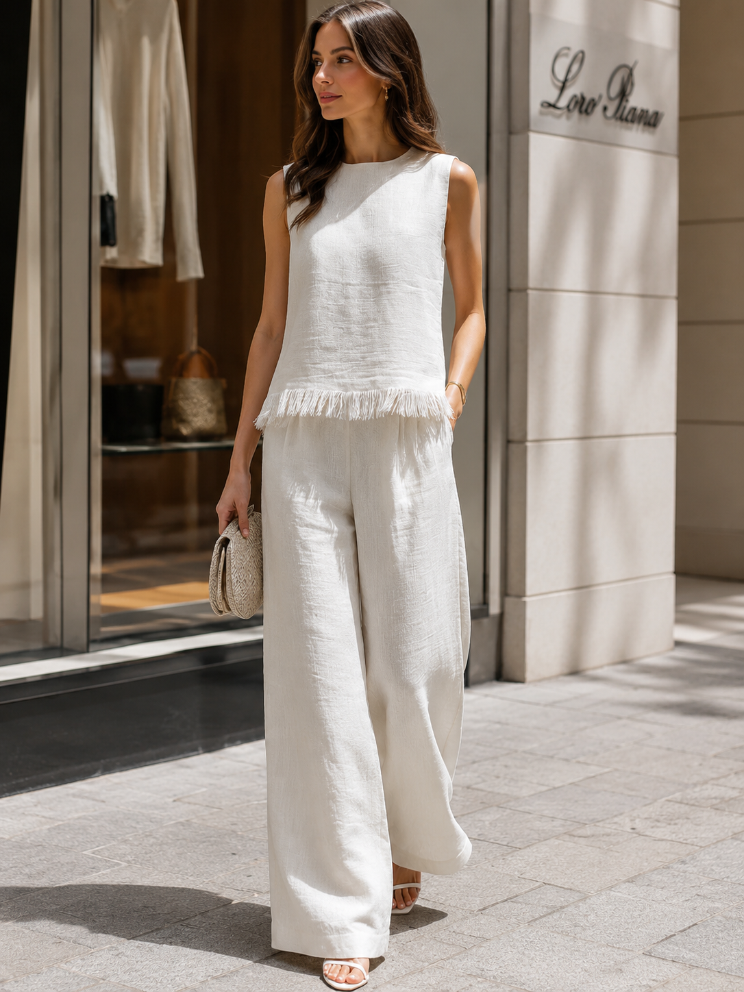White Sleeveless Textured Top and Wide-Leg Pants Set with Frayed Hem Detail Co-ord – Whitemore & Daughters
