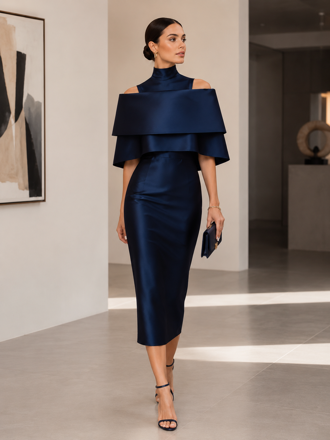 Whitemore & Daughters - Midi Dress: High-Neck Dress with Cape Overlay