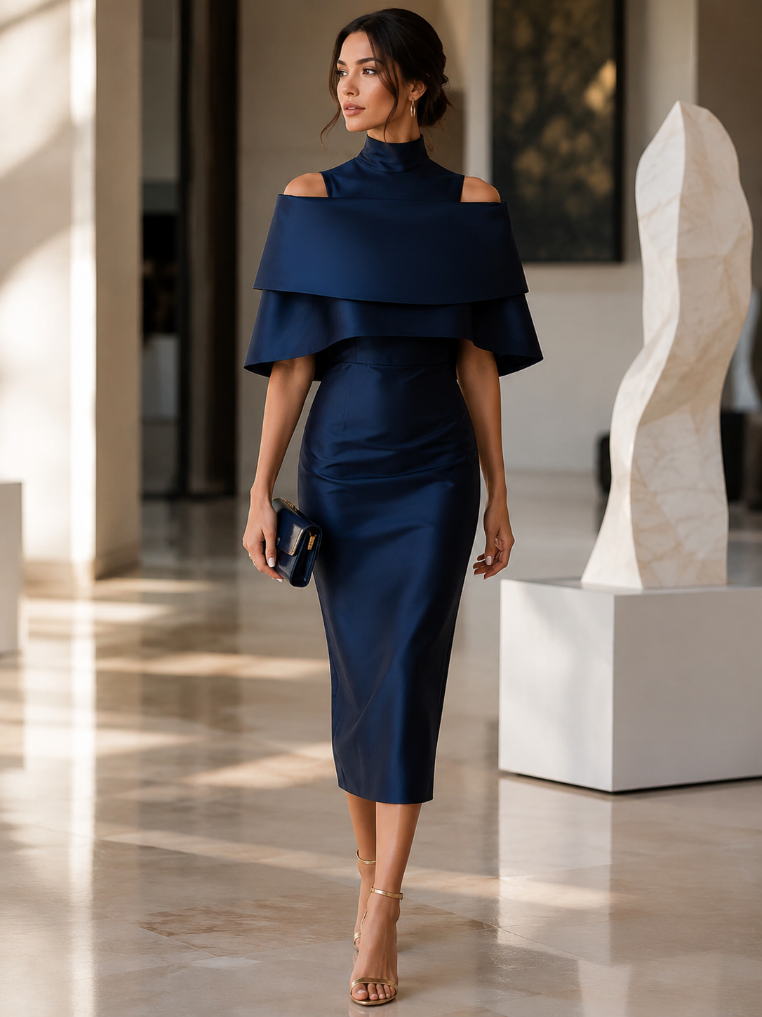 Whitemore & Daughters - Midi Dress: High-Neck Dress with Cape Overlay
