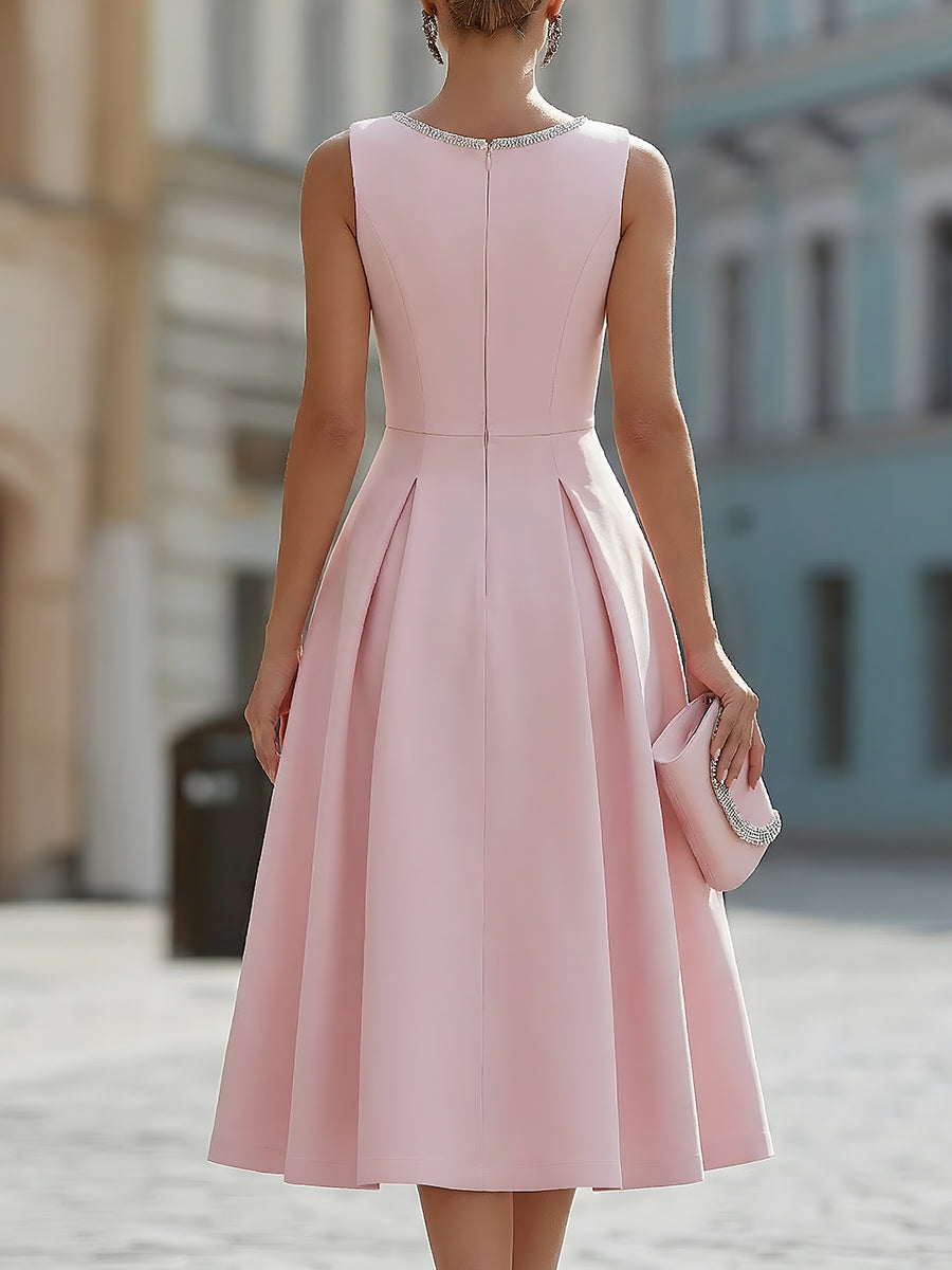 Whitemore & Daughters - Midi Dress: Round-Neck Fit-and-Flare Dress with Rhinestone Trim