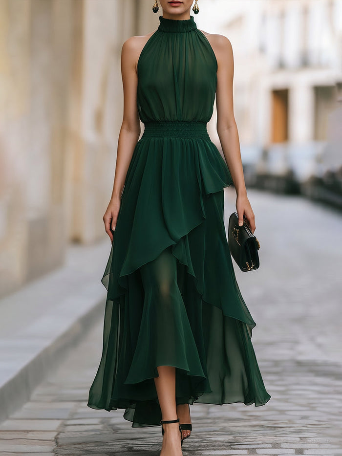 Whitemore & Daughters - Midi Dress: Halter-Neck Chiffon Dress with Layered Tiered Skirt