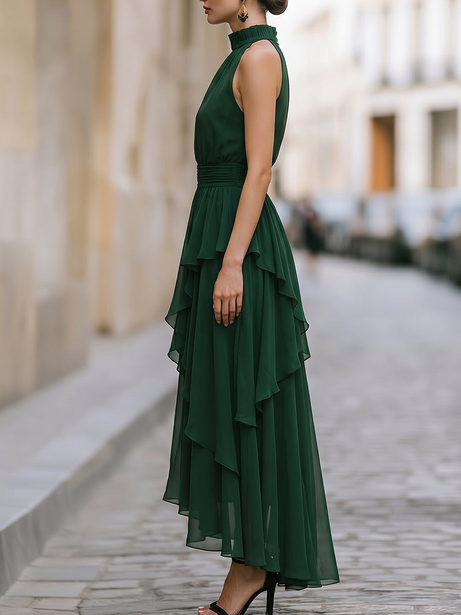 Whitemore & Daughters - Midi Dress: Halter-Neck Chiffon Dress with Layered Tiered Skirt