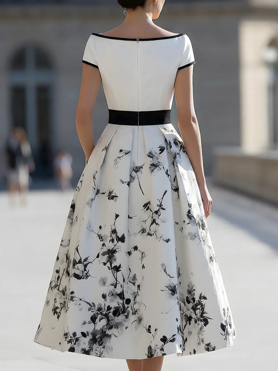 Whitemore & Daughters - Midi Dress: Boat-Neck A-Line Dress with Belted Waist in Floral Print