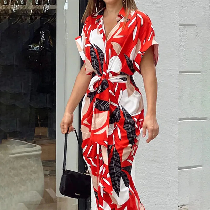 Whitemore & Daughters - Alyson Midi Dress: Shirt-Collar Wrap Dress with Short Sleeves in Abstract Print