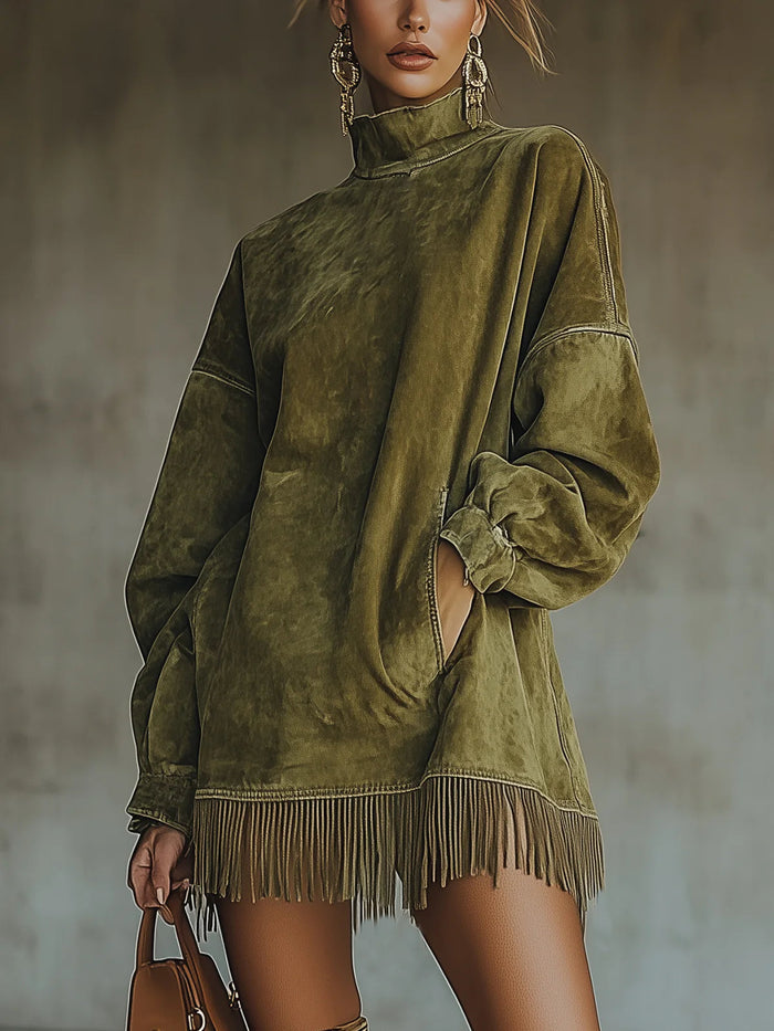 Whitemore & Daughters - Natalia Mini Dress: Turtleneck Suede Dress with Fringe Hem