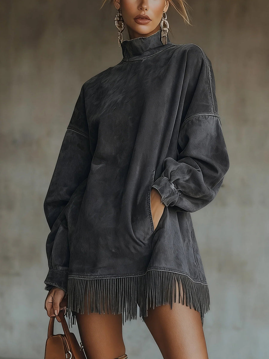 Whitemore & Daughters - Natalia Mini Dress: Turtleneck Suede Dress with Fringe Hem