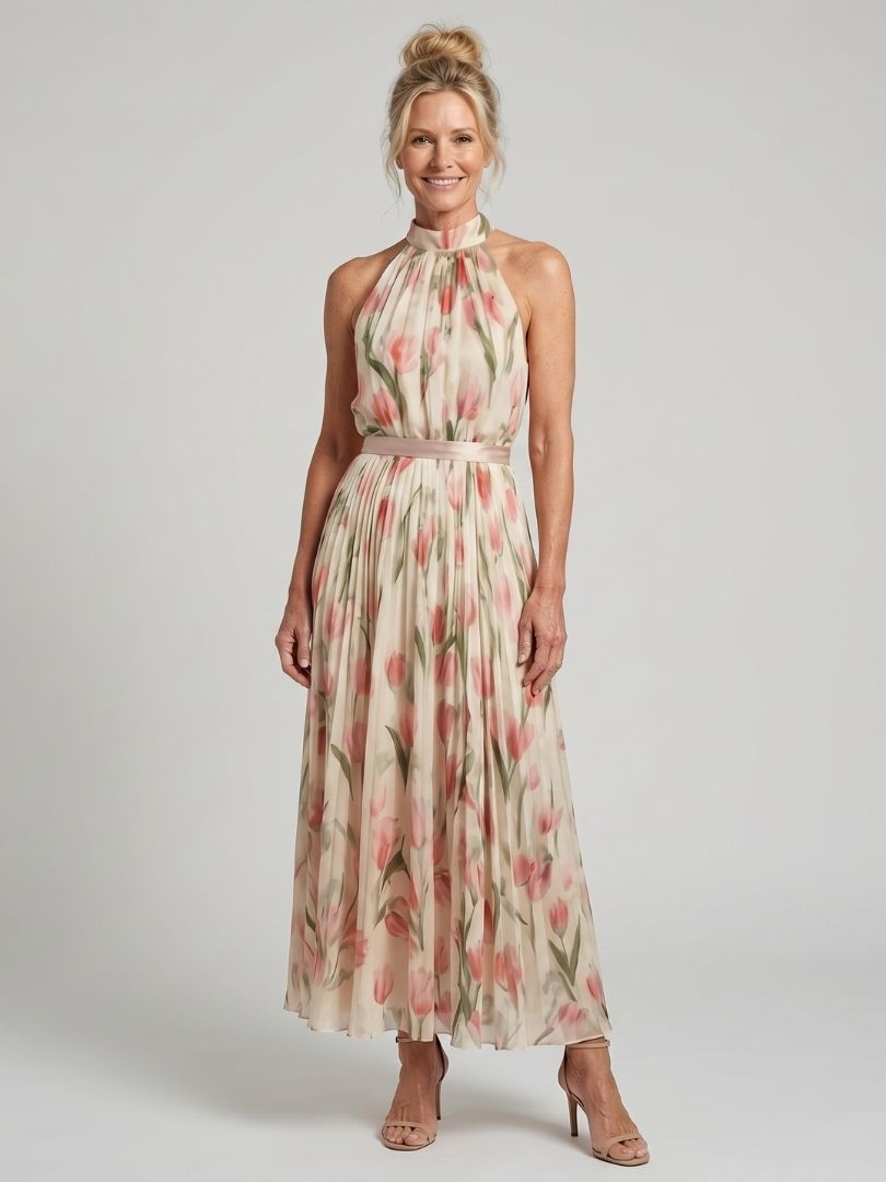 Whitemore & Daughters - Aurelle Midi Dress: Halter-Neck Dress with Belted Waist in Floral Print