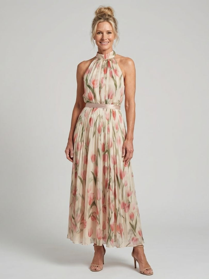 Whitemore & Daughters - Aurelle Midi Dress: Halter-Neck Dress with Belted Waist in Floral Print