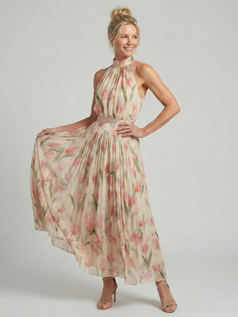 Whitemore & Daughters - Aurelle Midi Dress: Halter-Neck Dress with Belted Waist in Floral Print